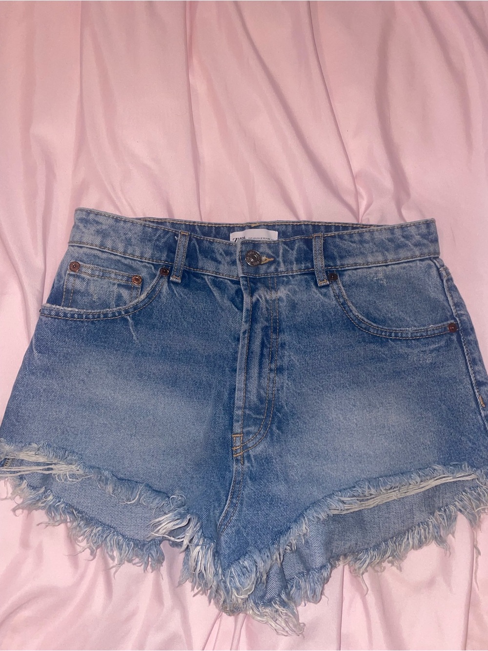 Zara Light Blue Frayed Hem Denim Shorts